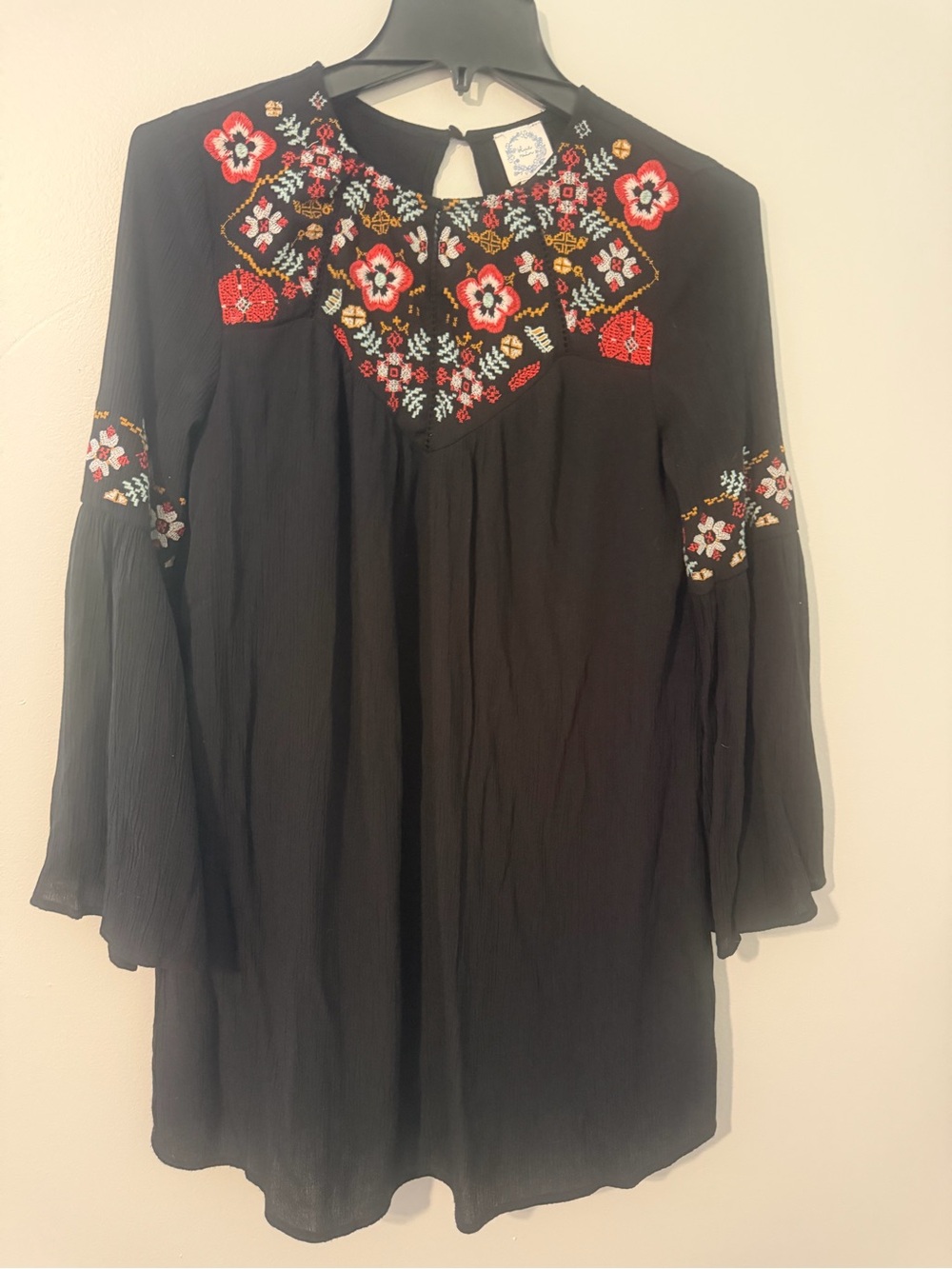 Blue Rain Black Embroidered Peasant Boho Shift Dress Bell sleeves size XS